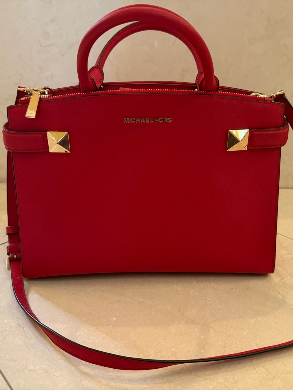 NWOT Michael Kors Karla Large Red Saffiano Leather Satchel Shoulder Bag